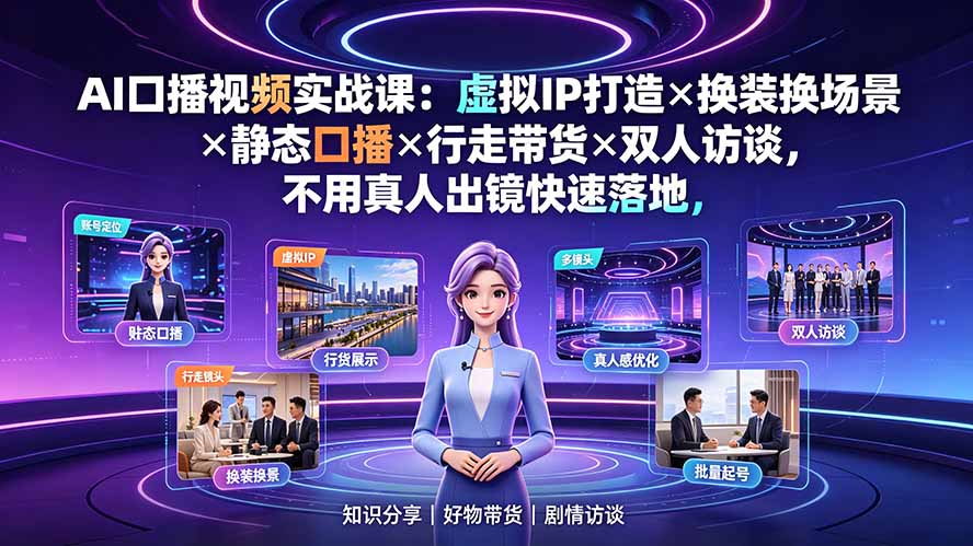AI口播视频实战课：虚拟IP打造×换装换场景×静态口播×行走带货×双人访谈，不用真人出镜快速落地-智点网