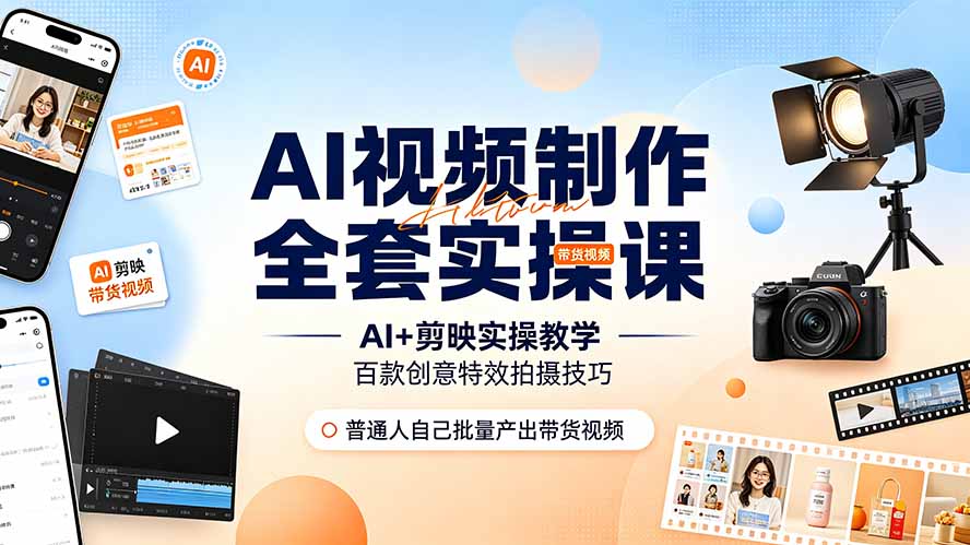 AI视频制作全套实操课，多款AI工具搭配剪映教学，百种特效运镜拍摄实操，抖音账号带货运营全覆盖-智点网