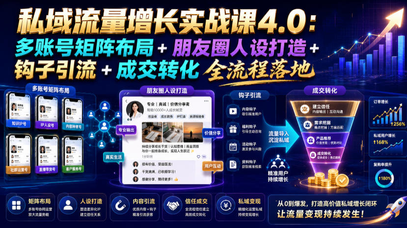 私域流量增长实战课4.0：多账号矩阵布局+朋友圈人设打造+钩子引流+成交转化全流程落地-智点网