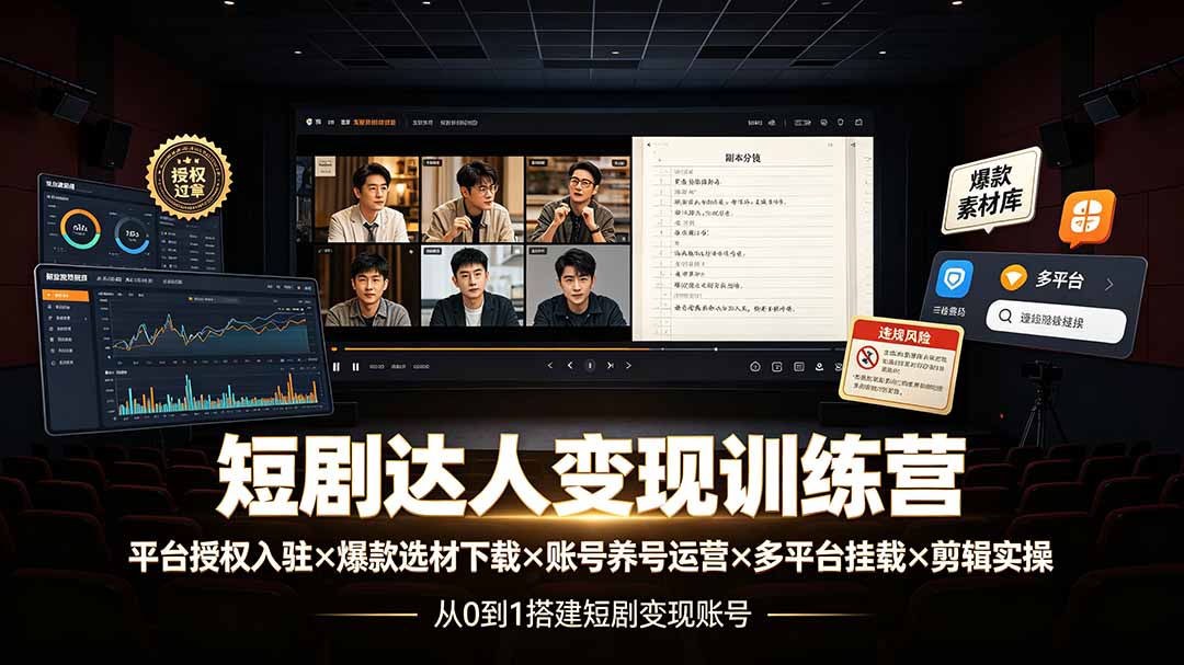短剧达人变现训练营：平台授权入驻×爆款选材下载×账号养号运营×多平台挂载×剪辑实操×违规处理全流程-智点网