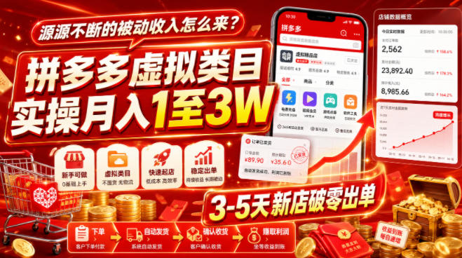 源源不断的被动收入怎么来？拼多多虚拟类目实操月入1至3W，3-5天新店破零出单-智点网