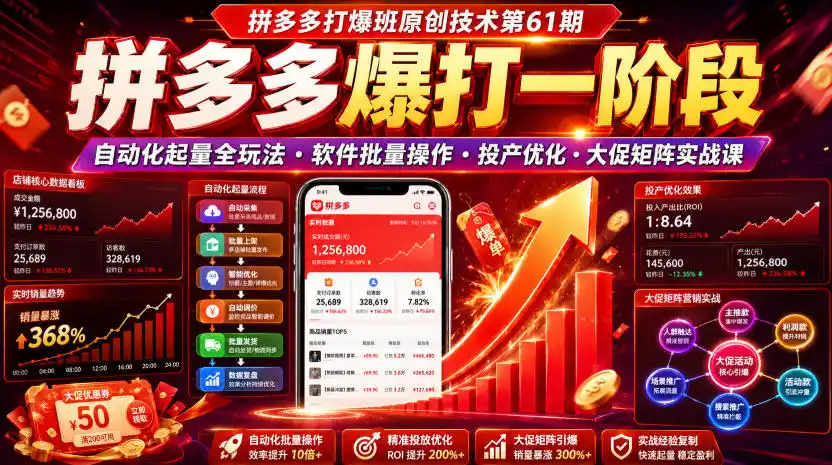 拼多多打爆班原创技术第61期，拼多多爆打一阶段，自动化起量全玩法・软件批量操作・投产优化・大促矩阵实战课-智点网
