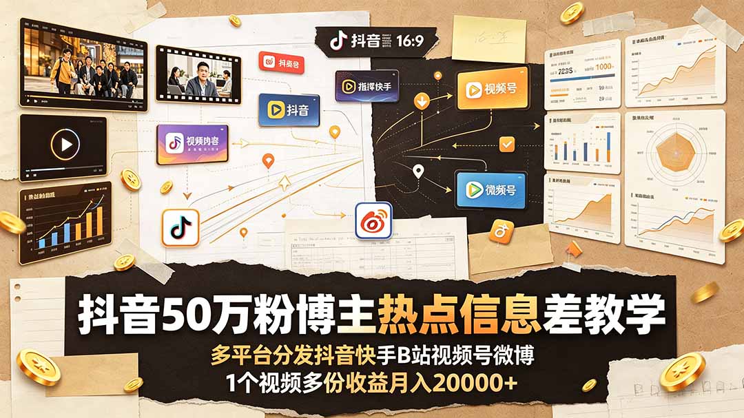 抖音50万粉博主热点信息差教学：多平台分发抖音快手B站视频号微博，1个视频多份收益月入20000+-智点网