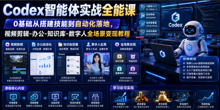 Codex智能体实战全能课｜0基础从搭建技能到自动化落地，视频剪辑-办公-知识库-数字人全场景变现教程-智点网