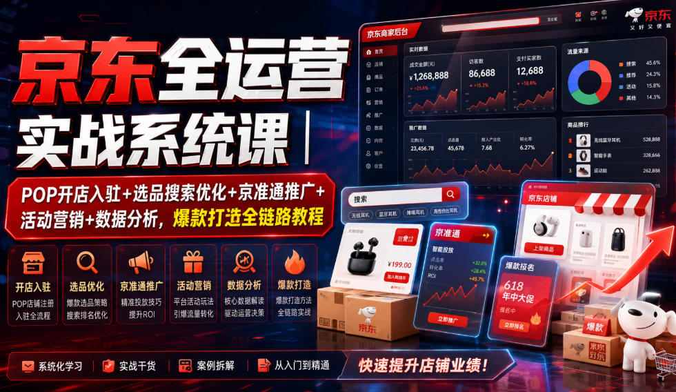 京东全运营实战系统课｜POP开店入驻+选品搜索优化+京准通推广+活动营销+数据分析，爆款打造全链路教程-智点网