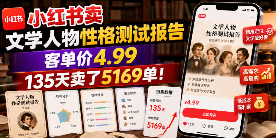 小红书卖文学人物性格测试报告，客单价4.99，135天卖了5169单！-智点网