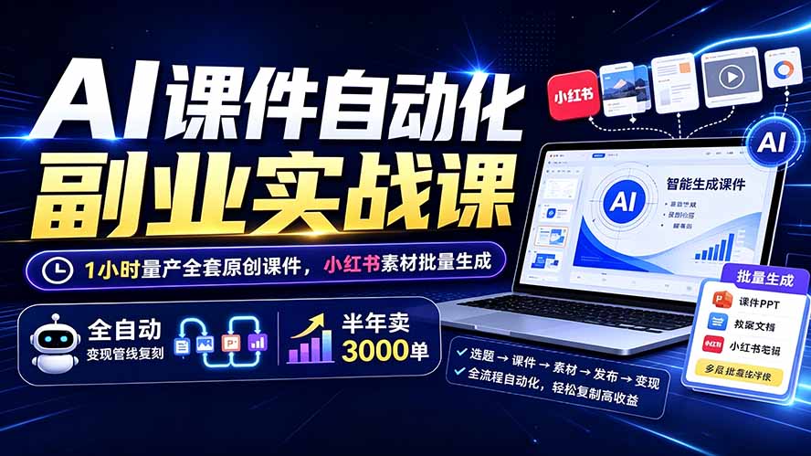 AI课件自动化副业实战课：1小时量产全套原创课件×小红书素材批量生成×全自动变现管线×半年卖3000单-智点网
