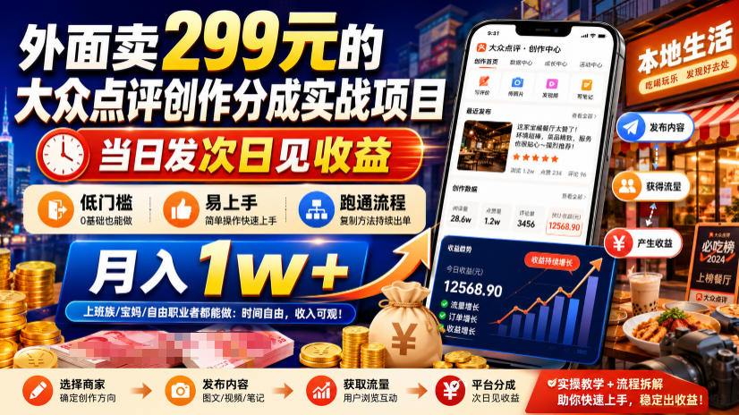 外面卖299元的大众点评创作分成实战项目，当日发次日见收益，低门槛易上手，跑通流程月入1w+-智点网