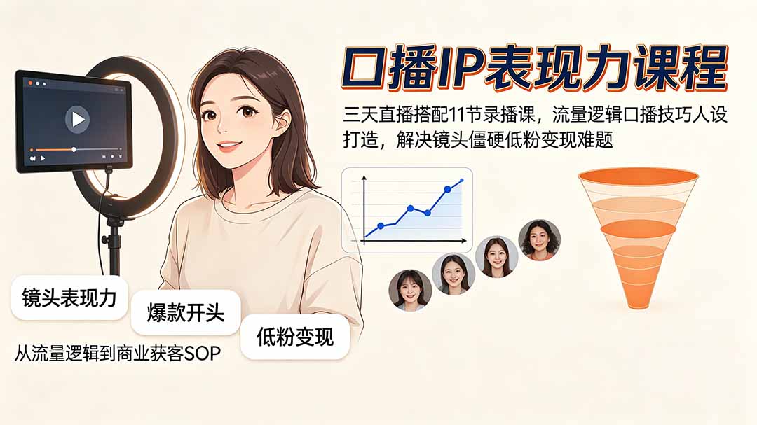 口播IP表现力课程｜三天直播搭配11节录播课，流量逻辑口播技巧人设打造，解决镜头僵硬低粉变现难题-智点网