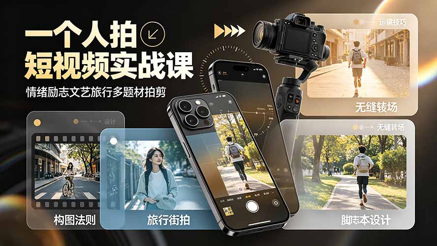 一个人拍短视频实战课：情绪励志文艺旅行多题材×五大景别×黄金构图×八大运镜，从拍摄到成片高效创作-智点网