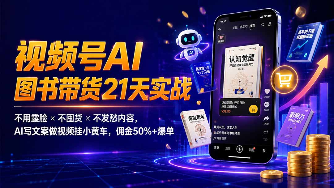 繁花视频号AI图书带货21天实战：不用露脸×不囤货×不发愁内容，AI写文案做视频挂小黄车，佣金50%+爆单-智点网