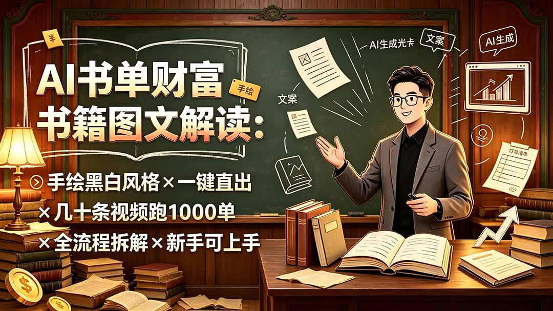 AI书单财富书籍图文解读：手绘黑白风格×一键直出×几十条视频跑1000单×全流程拆解×新手可上手-智点网