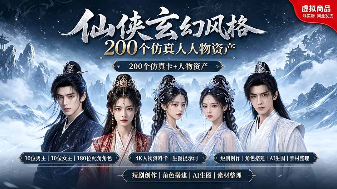200个仙侠玄幻仿真人素材◆10男主×10女主×180配角，4K资料卡+AI生图提示词，漫剧必备-智点网