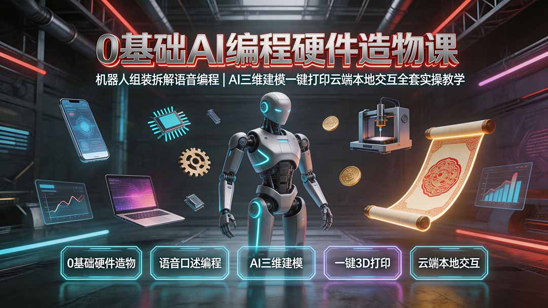 0基础AI编程硬件造物课｜机器人组装拆解语音编程，AI三维建模一键打印云端本地交互全套实操教学-智点网