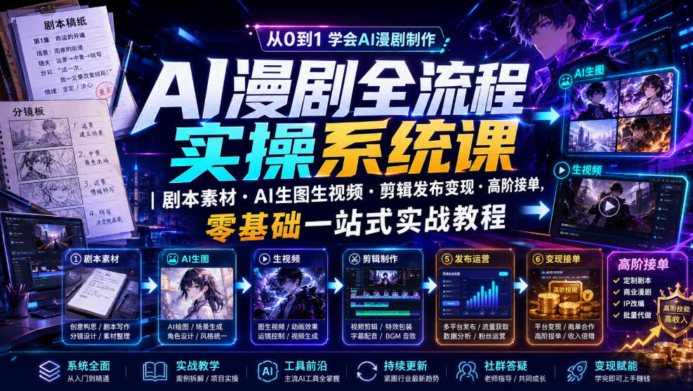 AI漫剧全流程实操系统课｜剧本素材・AI生图生视频・剪辑发布变现・高阶接单，零基础一站式实战教程-智点网