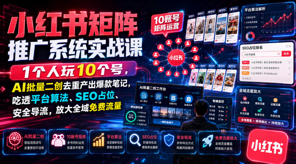 小红书矩阵推广系统实战课｜1个人玩10个号，AI批量二创去重产出爆款笔记，吃透平台算法、SEO占位、安全导流，放大全域免费流量-智点网