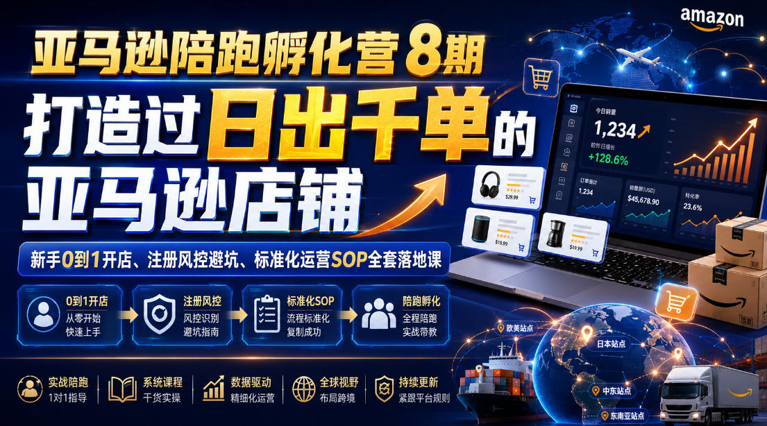 亚马逊陪跑孵化营8期，打造过日出千单的亚马逊店铺，新手0到1开店、注册风控避坑、标准化运营SOP全套落地课-智点网