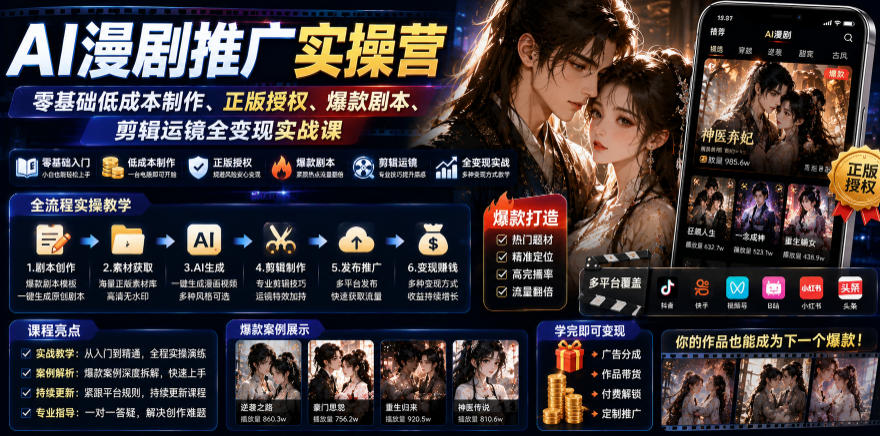 AI漫剧推广实操营｜零基础低成本制作、正版授权、爆款剧本、剪辑运镜全变现实战课-智点网