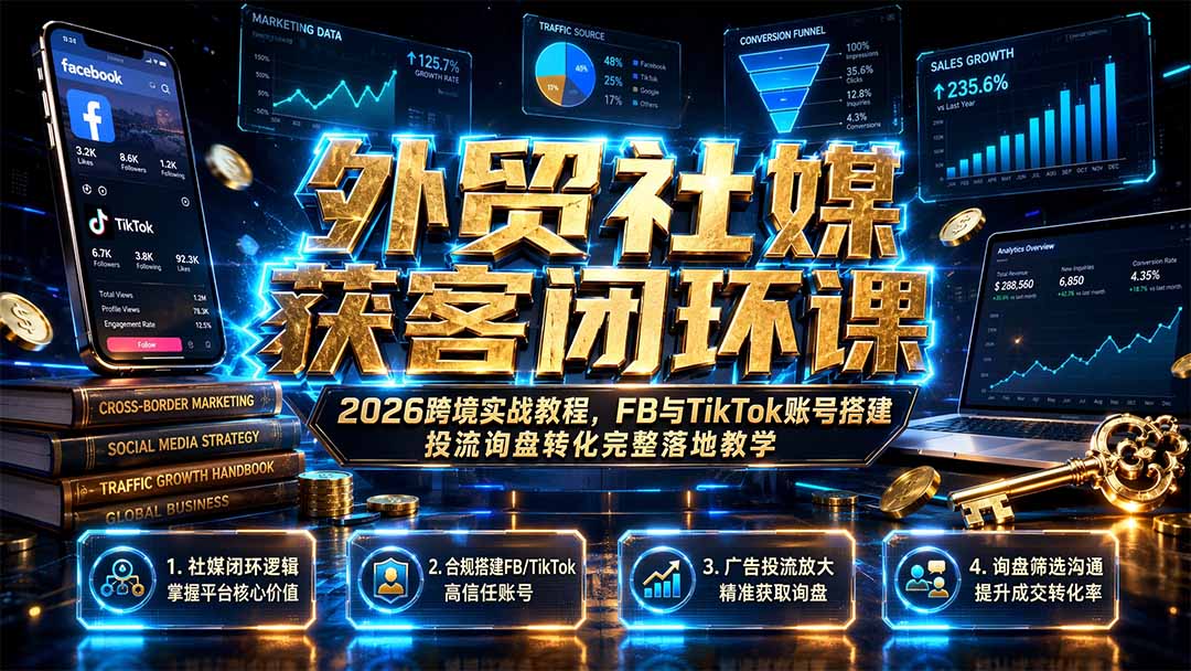 外贸社媒获客闭环课｜2026跨境实战教程，FB与TikTok账号搭建投流询盘转化完整落地教学-智点网