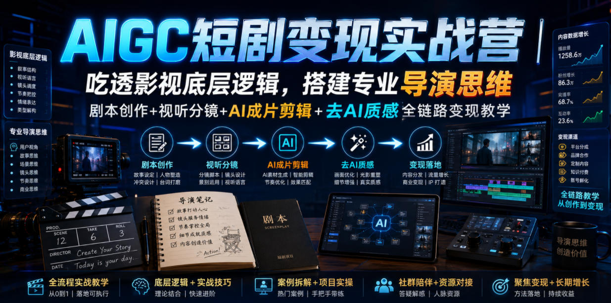 AIGC短剧变现实战营｜吃透影视底层逻辑，搭建专业导演思维，剧本创作+视听分镜+AI成片剪辑+去AI质感全链路变现教学-智点网
