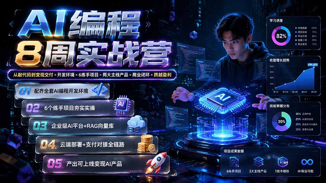AI编程8周实战营：从敲代码到变现交付×开发环境×6练手项目×两大主线产品×商业闭环×跨越盈利-智点网