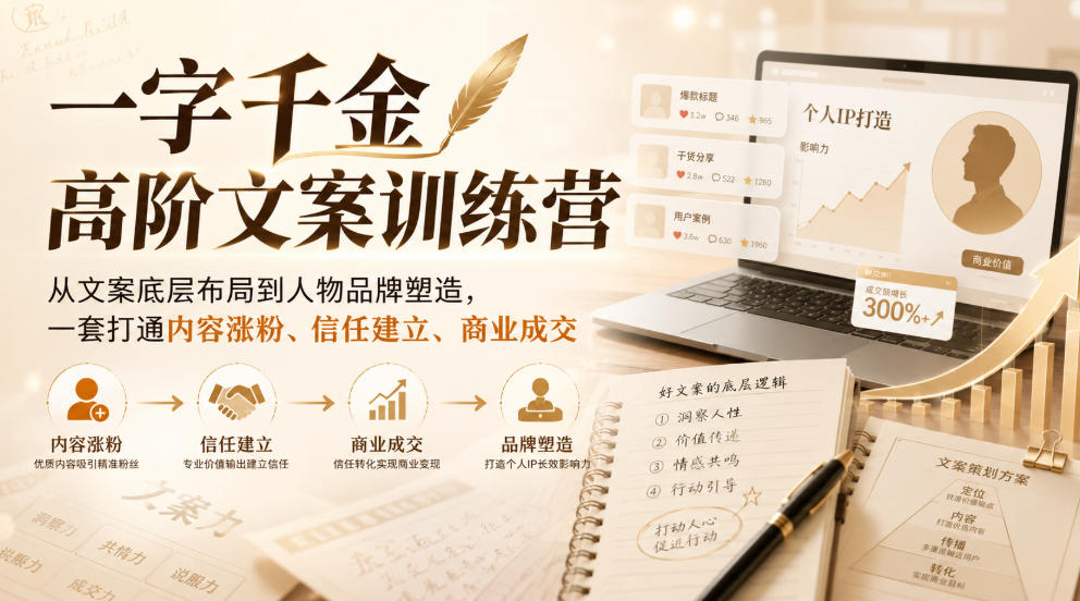 一字千金高阶文案训练营，从文案底层布局到人物品牌塑造，一套打通内容涨粉、信任建立、商业成交-智点网