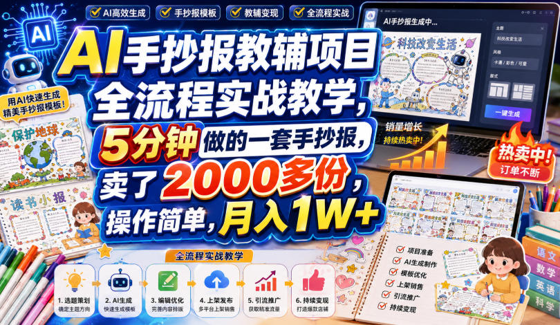 AI手抄报教辅项目全流程实战教学，5分钟做的一套手抄报，卖了2000多份，操作简单，月入1W+-智点网