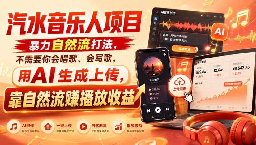 汽水音乐人项目，暴力自然流打法，不需要你会唱歌、会写歌，用AI生成上传，靠自然流賺播放收益-智点网