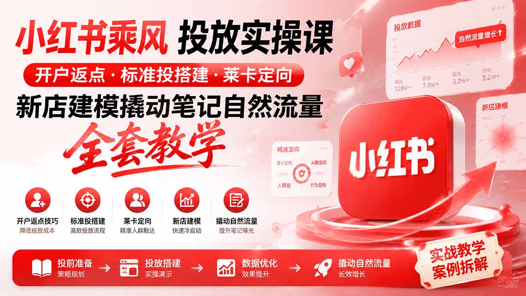 小红书乘风投放-100分钟实操课｜开户返点·标准投搭建·莱卡定向，新店建模撬动笔记自然流量全套教学-智点网
