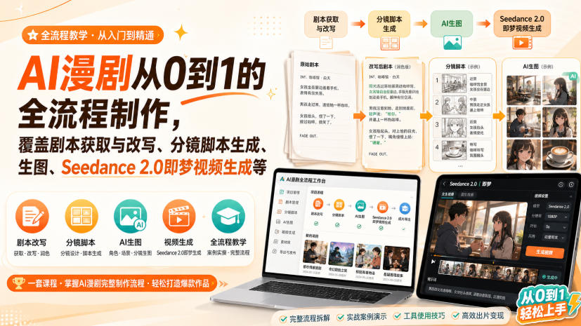AI漫剧从0到1的全流程制作，覆盖剧本获取与改写、分镜脚本生成、角色场景生图与三视图、Seedance 2.0即梦视频生成(PDF版)-智点网