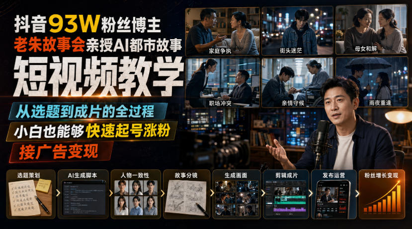 抖音93W粉丝博主老朱故事会亲授AI都市故事短视频教学，从选题到成片的全过程，小白也能够快速起号涨粉接广告变现-智点网