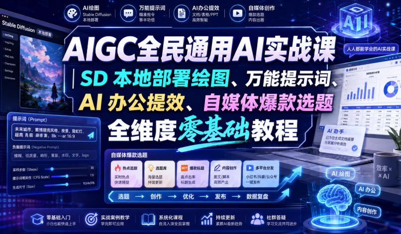 AIGC全民通用AI实战课｜SD本地部署绘图、万能提示词、AI办公提效、自媒体爆款选题全维度零基础教程-智点网