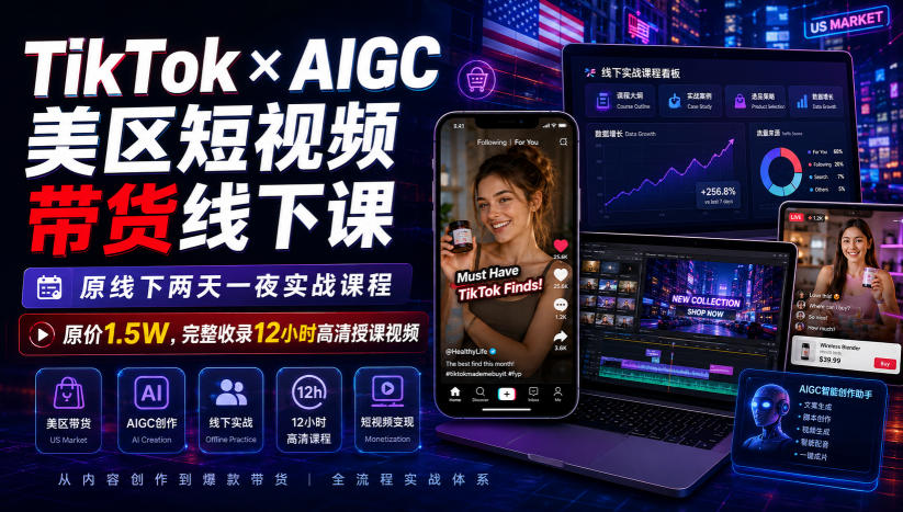 TikTok×AIGC美区短视频带货线下课，原线下两天一夜实战课程，原价1.5W，完整收录12小时高清授课视频-智点网