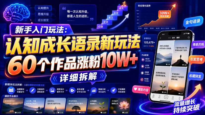 新手入门玩法：认知成长语录新玩法，60个作品涨粉10W+，详细拆解-智点网