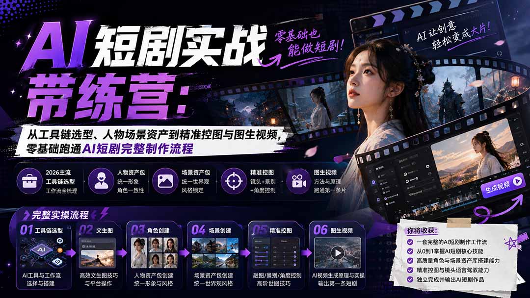 AI短剧实战训练营：从工具链选型、人物场景资产到精准控图与图生视频，零基础跑通AI短剧完整制作流程-智点网