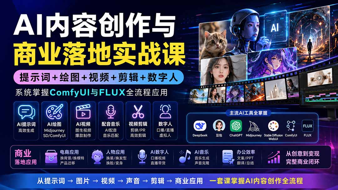 AI内容创作与商业落地实战课：提示词+绘图+视频+剪辑+数字人，系统掌握ComfyUI与FLUX全流程应用-智点网