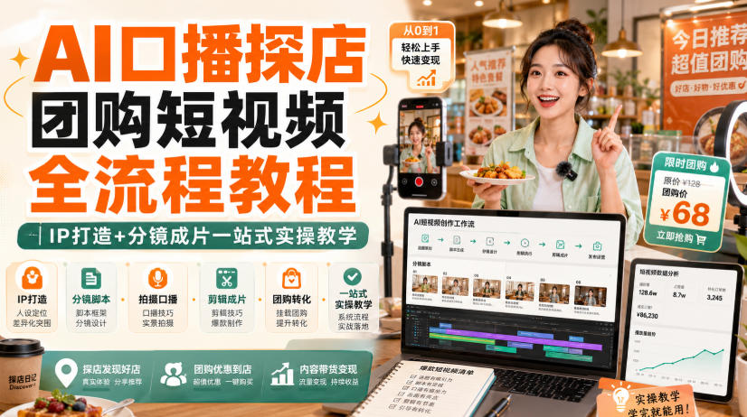 AI口播探店团购短视频全流程教程｜IP打造+分镜成片一站式实操教学-智点网
