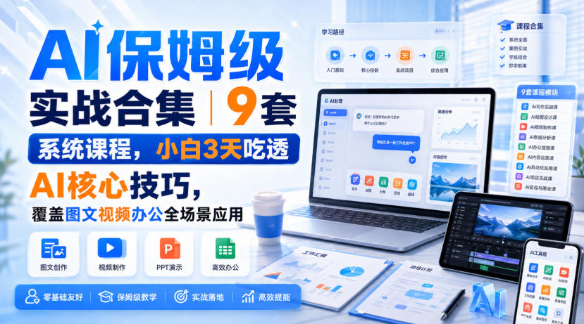 AI保姆级实战合集｜9套系统课程，小白3天吃透AI核心技巧，覆盖图文视频办公全场景应用-智点网