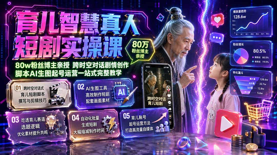 育儿智慧真人短剧实操课｜80w粉丝博主亲授，跨时空对话剧情创作，脚本AI生图起号运营一站式完整教学-智点网