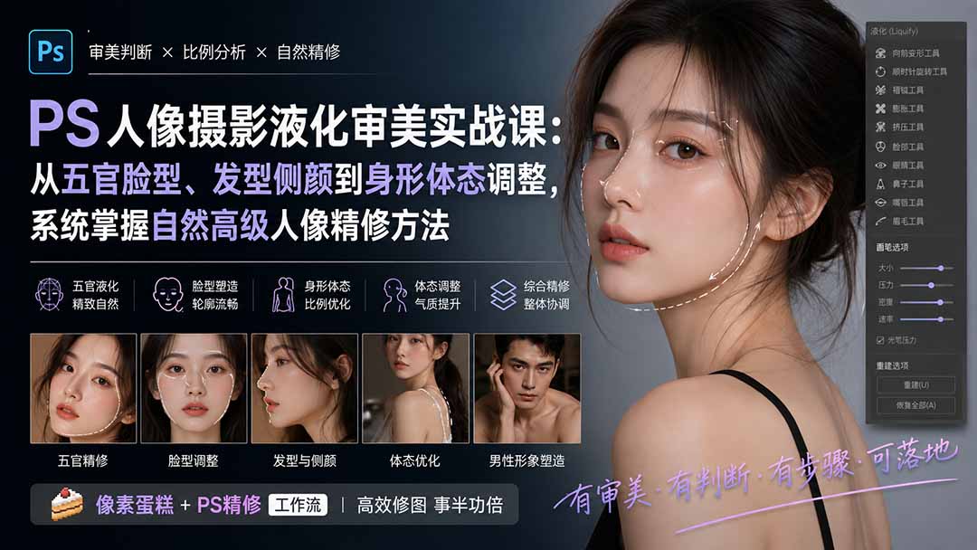 PS人像摄影液化审美实战课：从五官脸型、发型侧颜到身形体态调整，系统掌握自然高级人像精修方法-智点网