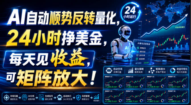 AI自动顺势反转量化，24小时挣美金，每天见收益，可矩阵放大！【揭秘】-智点网