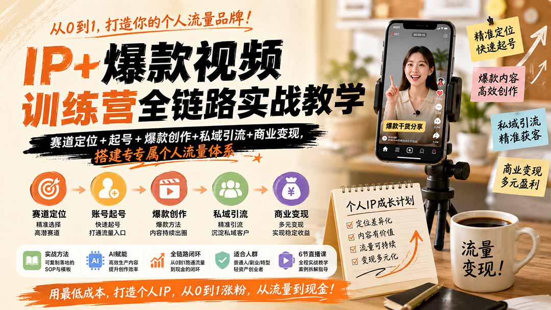 IP+爆款视频训练营全链路实战教学；赛道定位+起号+爆款创作+私域引流+商业变现，搭建专属个人流量体系-智点网