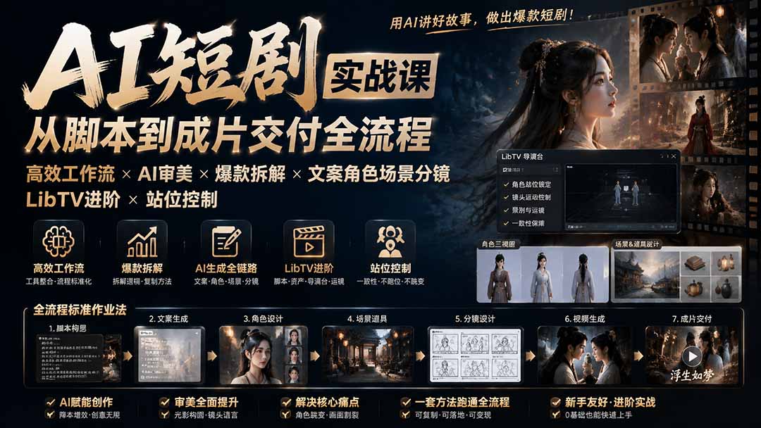 AI短剧实战课：高效工作流×AI审美×爆款拆解×文案角色场景分镜×LibTV进阶×站位控制×从脚本到成片交付全流程-智点网