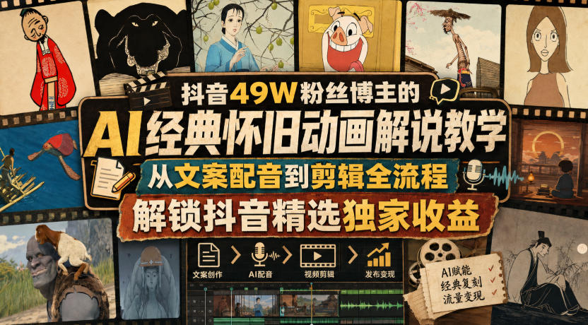 抖音49W粉丝博主的AI经典怀旧动画解说教学，从文案配音到剪辑全流程，解锁抖音精选独家收益-智点网