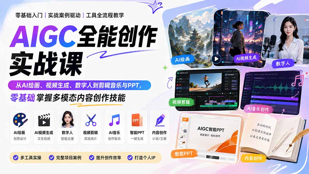 AIGC全能创作实战课：从AI绘画、视频生成、数字人到剪辑音乐与PPT，零基础掌握多模态内容创作技能-智点网
