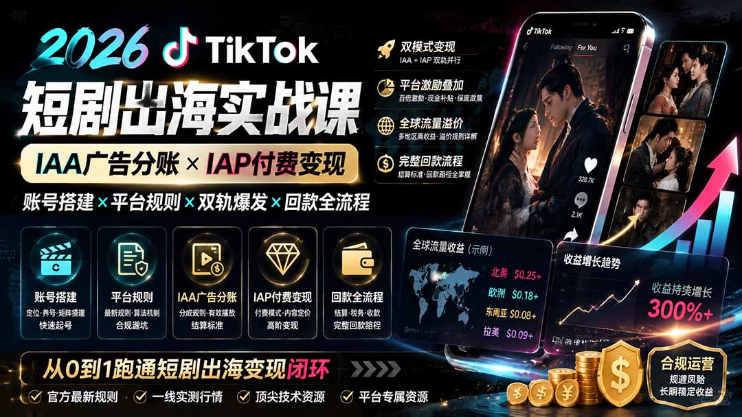 2026TikTok短剧出海实战课：IAA广告分账×IAP付费变现×账号搭建×平台规则×双轨爆发×回款全流程-智点网
