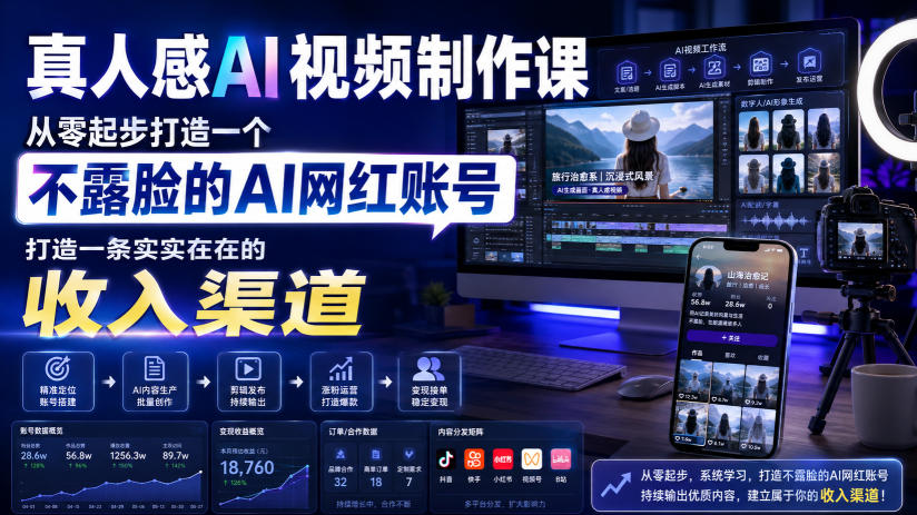 真人感AI视频制作课，从零起步打造一个不露脸的AI网红账号，打造一条实实在在的收入渠道【原创双语字幕】-智点网