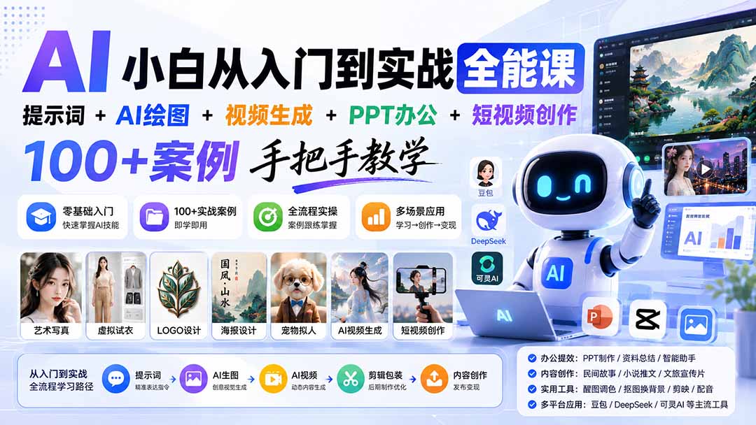 AI小白从入门到实战全能课：提示词+AI绘图+视频生成+PPT办公+短视频创作，100+案例手把手教学-智点网