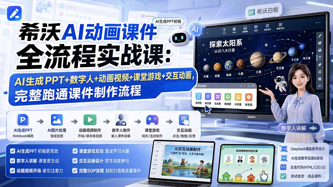 希沃AI动画课件全流程实战课：AI生成PPT+数字人+动画视频+课堂游戏+交互动画，完整跑通课件制作流程-智点网