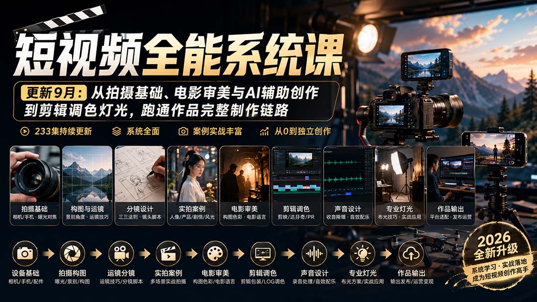 短视频全能系统课-更新8月233集：从拍摄基础、电影审美与AI辅助创作到剪辑调色灯光，跑通作品完整制作链路-智点网